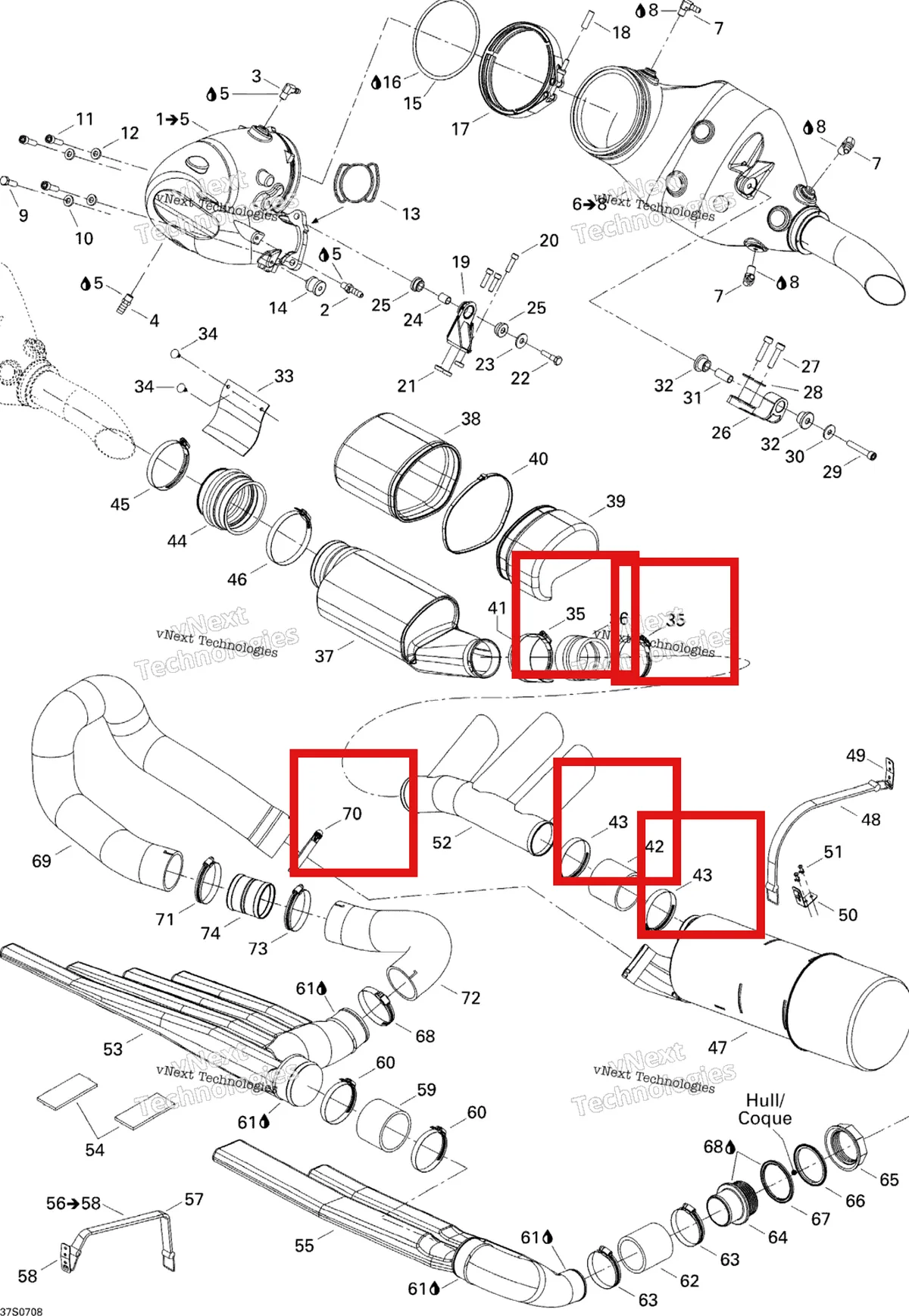 Деталь 293650006 на схеме узла 2007 Sea-Doo 3D 947 DI Exhaust System