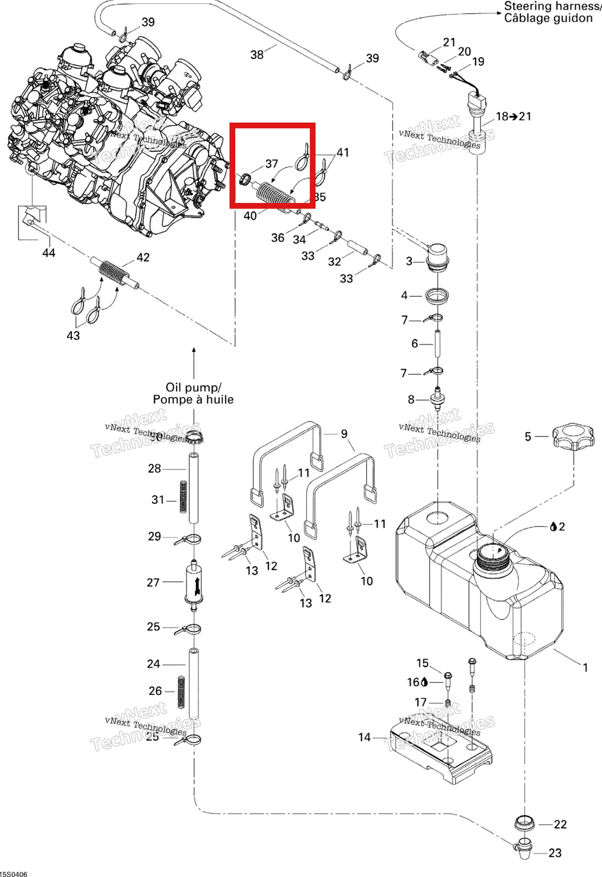 Деталь 293650105 на схеме узла 2004 Sea-Doo XP DI Oil Injection System