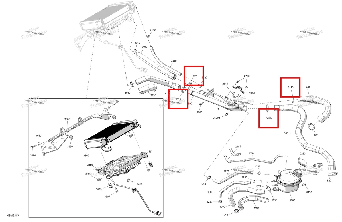 Деталь 293650141 (Хомут) на схеме узла 2025 Ski-Doo SKANDIC - 600R E -TEC - SE - AUSE - Deep Black - 154X20X1.5ICST Track Engine - Cooling