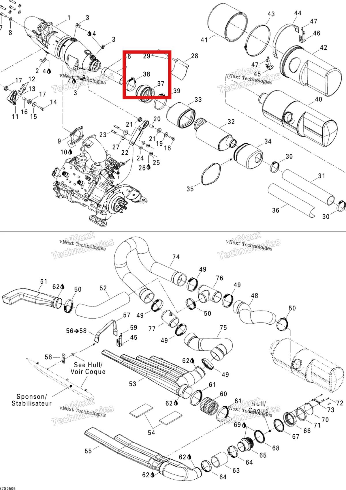 Деталь 293650168 на схеме узла 2005 Sea-Doo 3D RFI Exhaust System