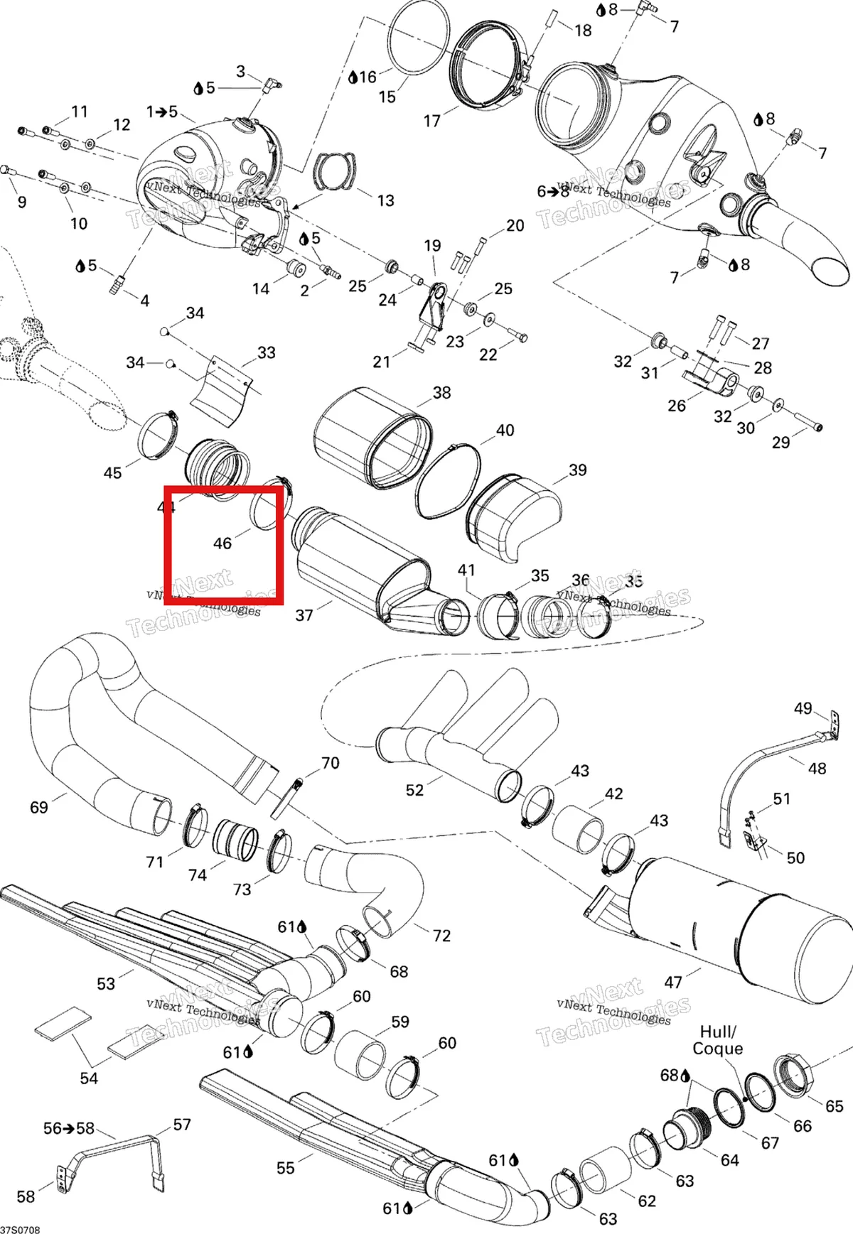 Деталь 293650169 на схеме узла 2007 Sea-Doo 3D 947 DI Exhaust System