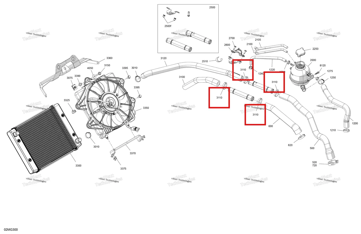 Деталь 293650331 (Crimp хомут Can-Am Outlander 4x4 XT 1000R (2025) (293650331)) на схеме узла 2027 Ski-Doo EXPEDITION - SPORT - 600 ACE - KCVA - Neo Yellow - 16X154X1.5CH Track Engine - Cooling