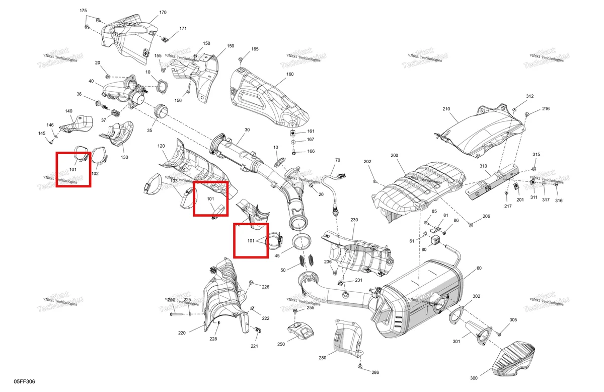 Деталь 293650337 (Tridon шестерня хомут Can-Am Outlander 4x4 XT 1000R (2025) (293650337)) на схеме узла 2026 Can-Am OUTLANDER - 4X4 - XT - 1000R - 4FTF - Compass Green Engine - Exhaust