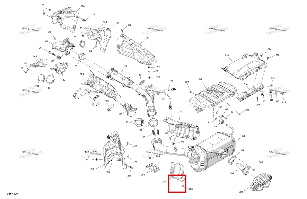 Деталь 293650339 (Tridon шестерня хомут Can-Am Outlander 4x4 XT 1000R (2025) (293650339)) на схеме узла 2026 Can-Am OUTLANDER - 4X4 - BACKCOUNTRY - 1000R - 4NTA - CALI - Dark Camo Engine - Exhaust