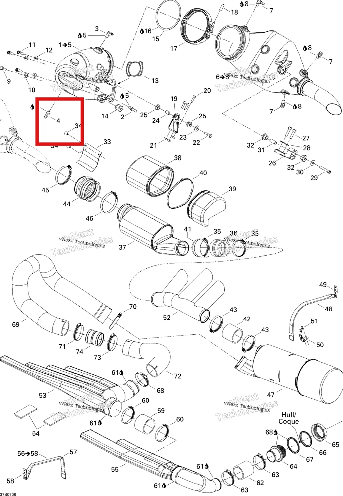 Деталь 293710021 на схеме узла 2007 Sea-Doo 3D 947 DI Exhaust System