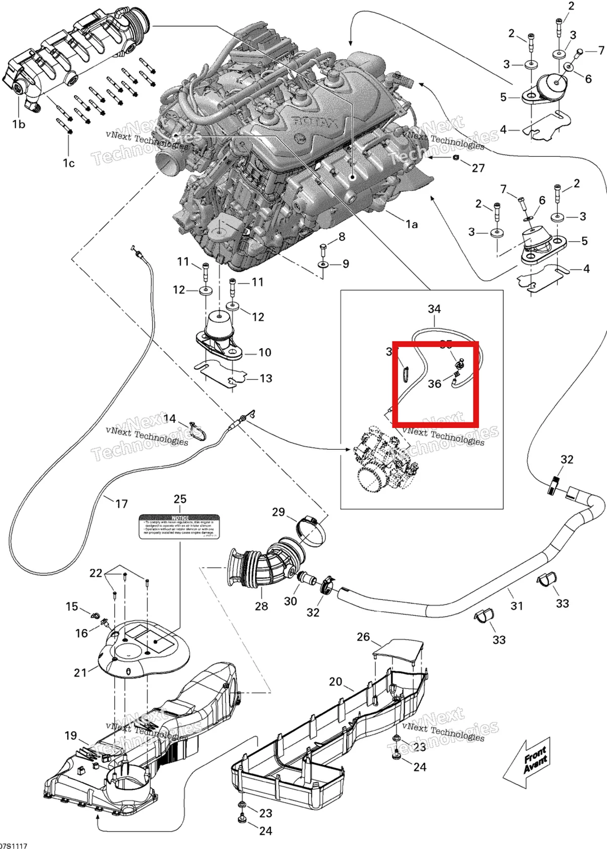 Деталь 293710107 на схеме узла 2011 Sea-Doo GTS Pro 130 Engine And Air Intake Silencer