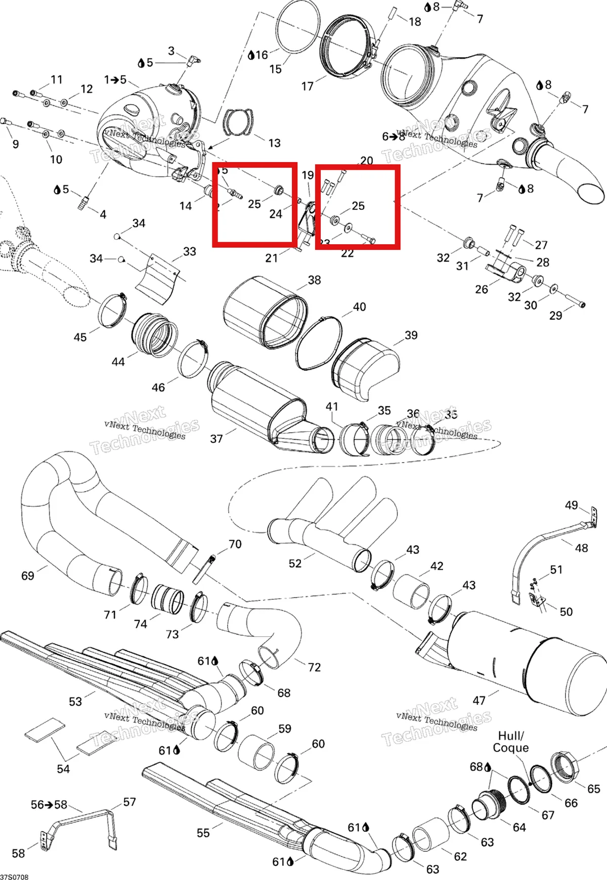 Деталь 293830065 на схеме узла 2007 Sea-Doo 3D 947 DI Exhaust System