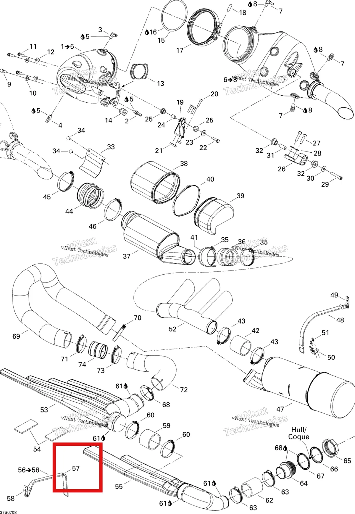 Деталь 293850036 на схеме узла 2007 Sea-Doo 3D 947 DI Exhaust System