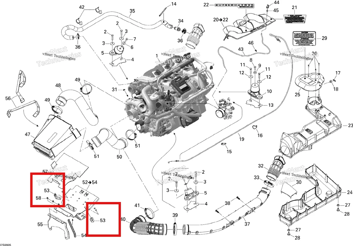 Деталь 293850075 на схеме узла 2009 Sea-Doo RXT-X 255 and 255 RS Engine And Air Intake Silencer