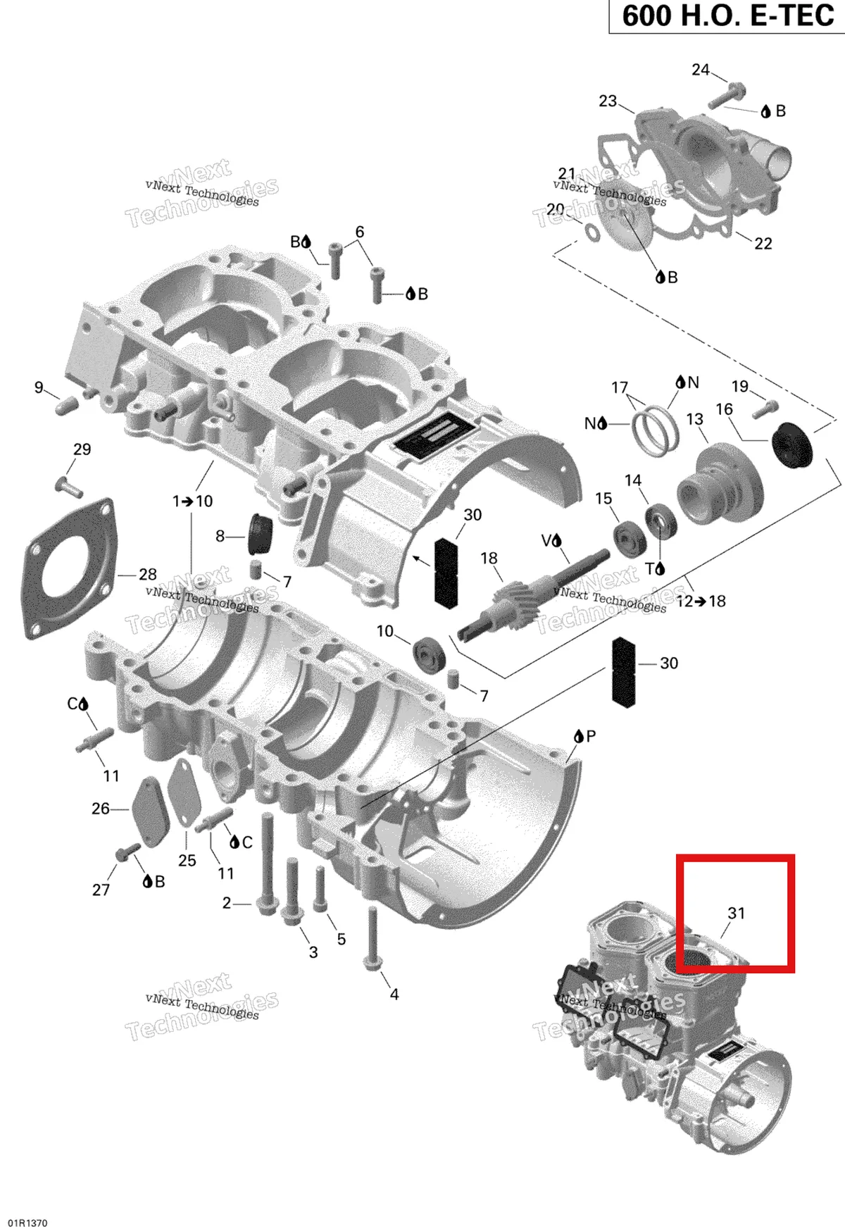 Деталь 300059352 (Короткий блок) на схеме узла 2013 Ski-Doo EXPEDITION LE 600HOE, REV XU Crankcase And Water Pump