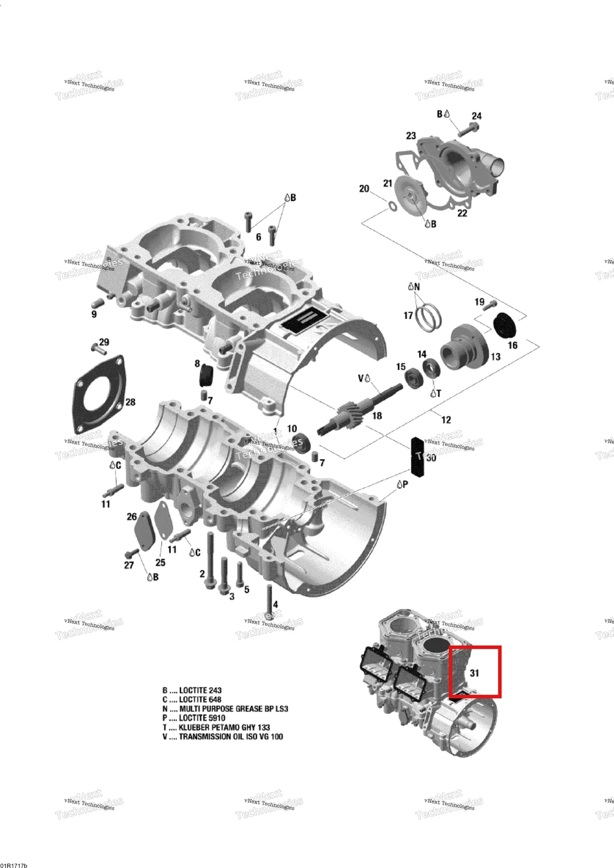 Деталь 300059354 (Деталь Short Block 593 Ho E-tec) на схеме узла 2017 Ski-Doo SKANDIC - 2-STROKE - WT-SWT Crankcase And Water Pump - 600Ho E-Tec
