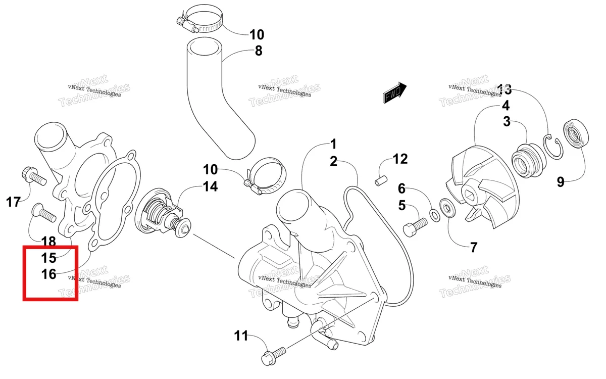 Деталь 3007-543 на схеме узла Water Pump And Thermostat