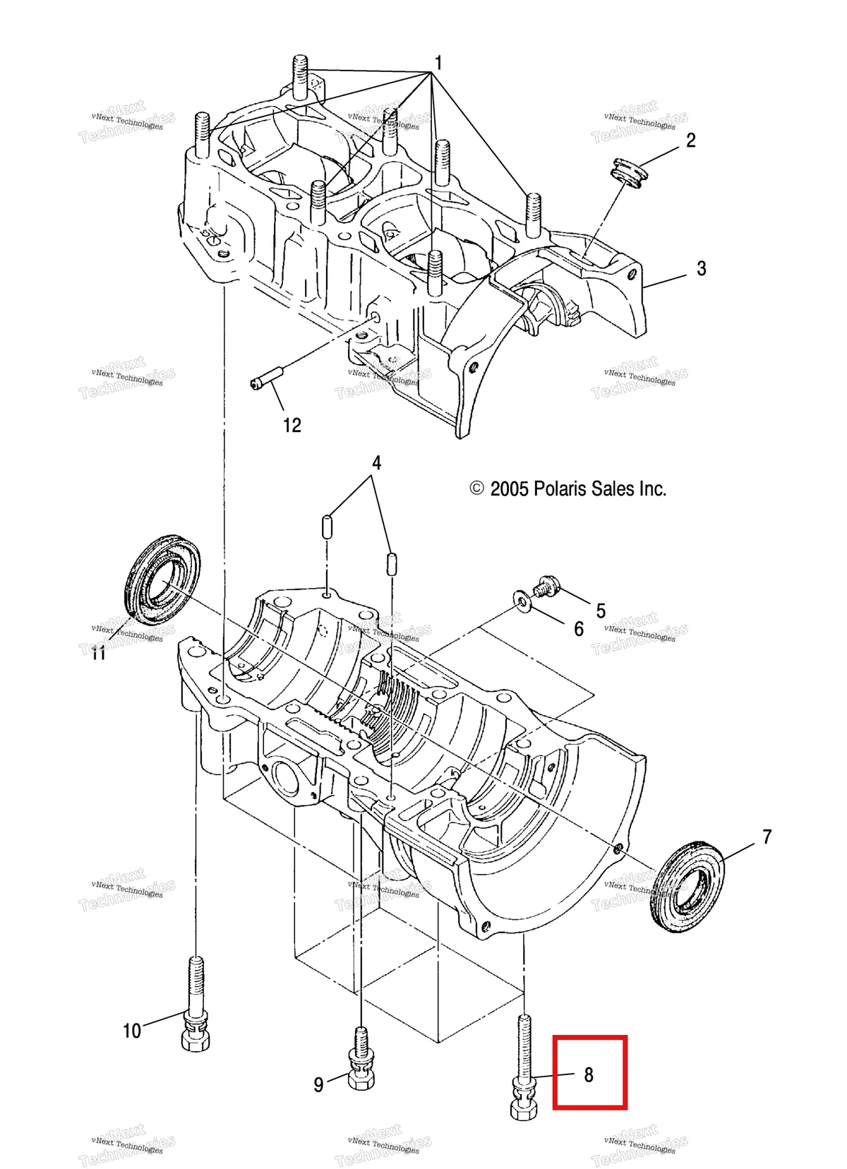 Деталь 3080739 (В сборе болт и шайба Polaris Widetrak LX (2006) (3080739)) на схеме узла Engine, Crankcase
