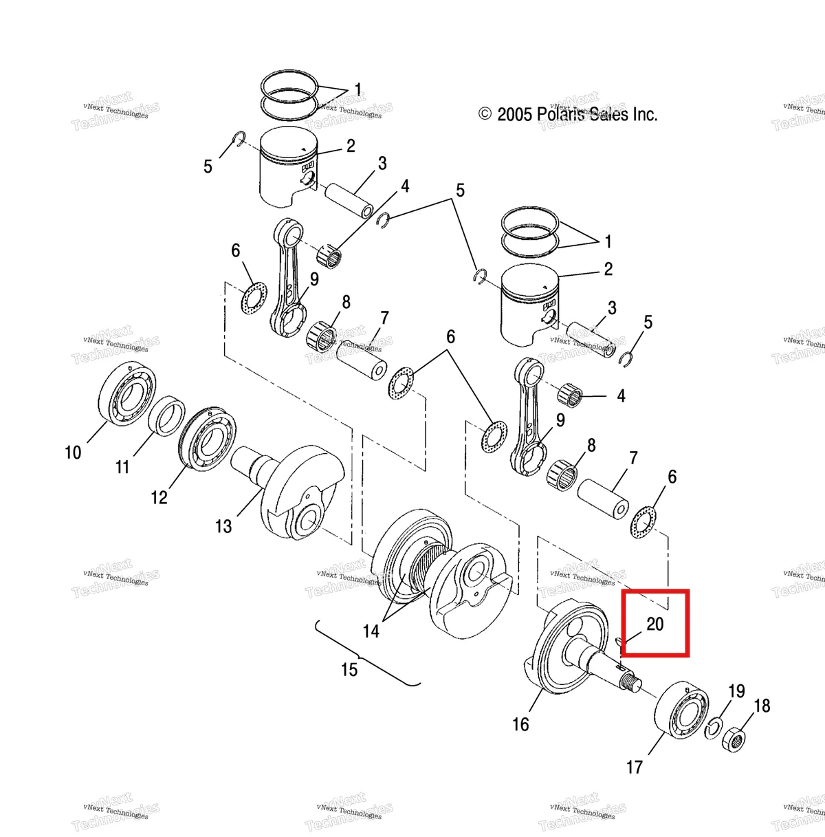 Деталь 3081543 (Ключ WOODRUFF Polaris Widetrak LX (2006) (3081543)) на схеме узла Engine, Piston & Crankshaft