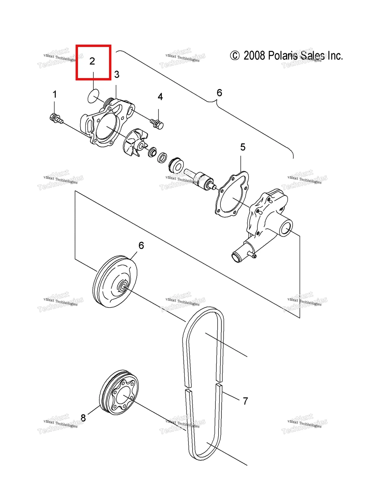 Деталь 3082746 (Уплотнительное кольцо Polaris Widetrak LX (2006) (3082746)) на схеме узла Engine, Water Pump