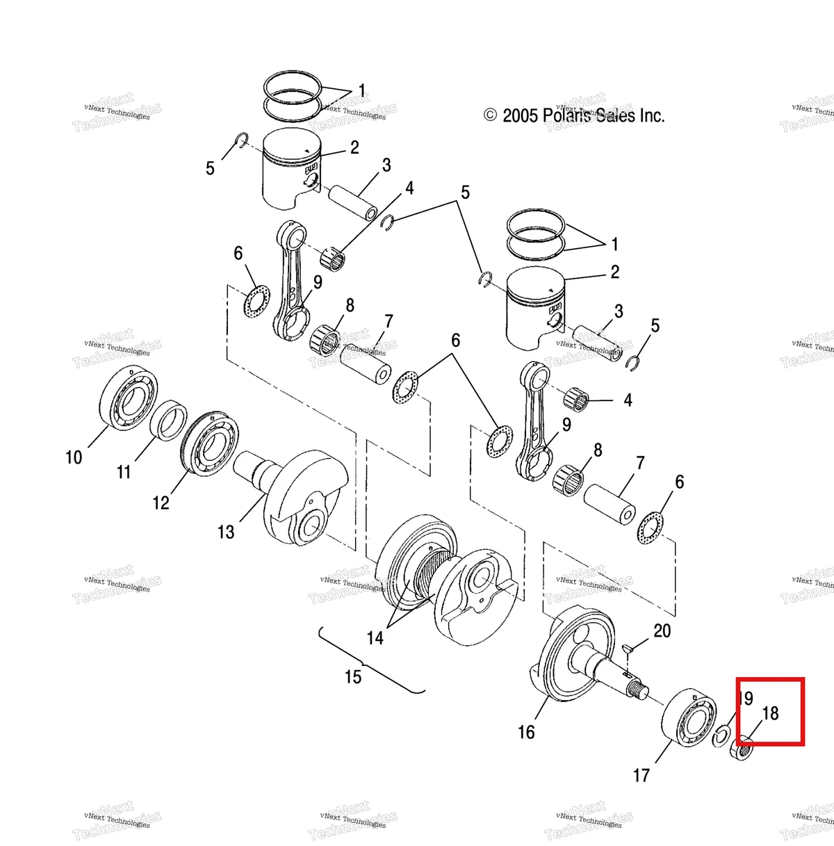 Деталь 3083093 (Гайка Polaris Widetrak LX (2006) (3083093)) на схеме узла Engine, Piston & Crankshaft