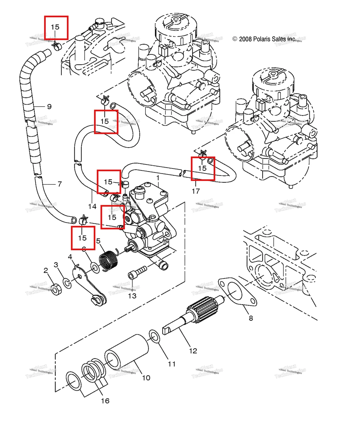 Деталь 3083141 (Хомут шланга Polaris Widetrak LX (2006) (3083141)) на схеме узла Engine, Oil Pump
