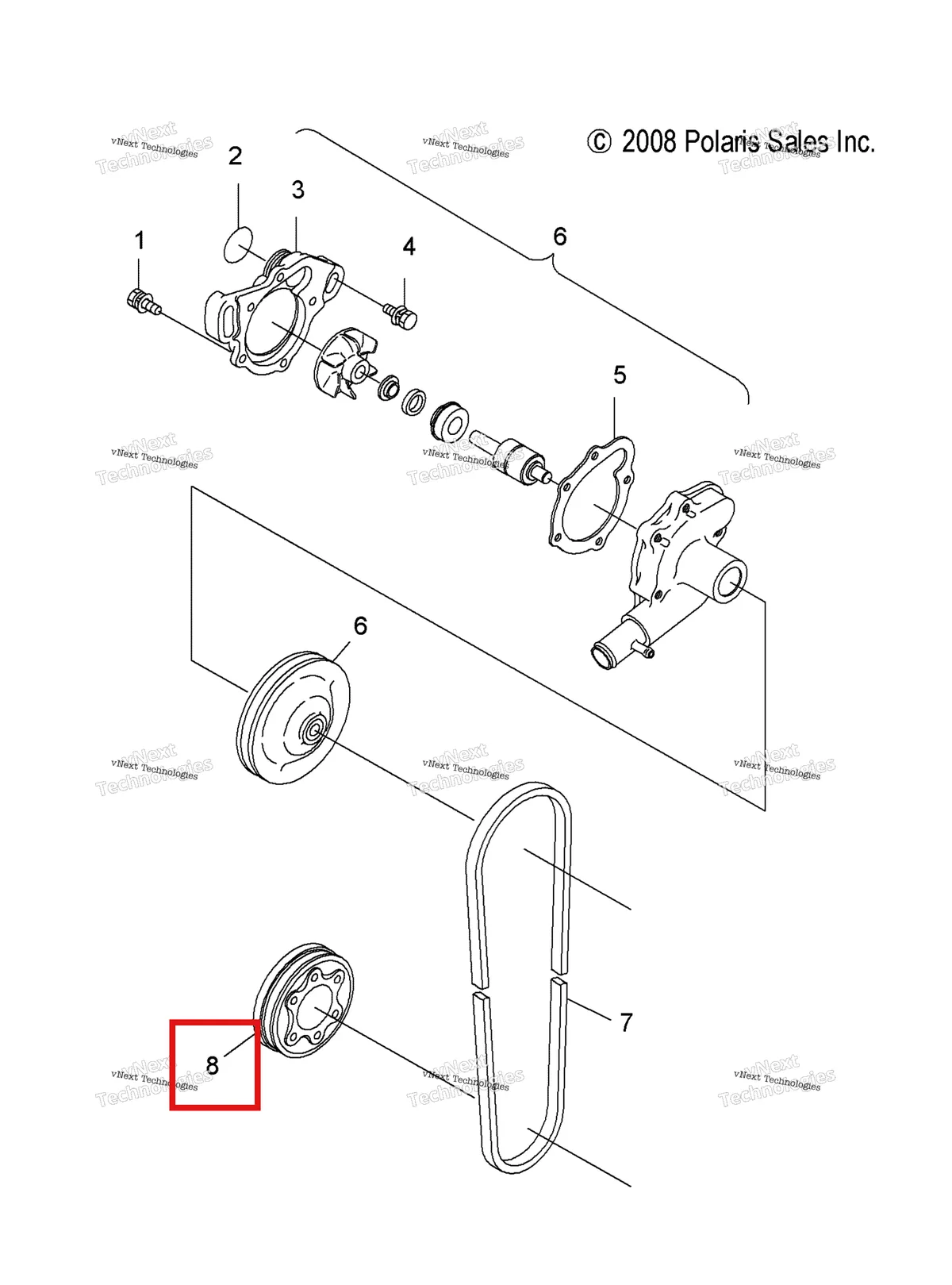 Деталь 3083371 (Шкив Polaris Widetrak LX (2006) (3083371)) на схеме узла Engine, Water Pump