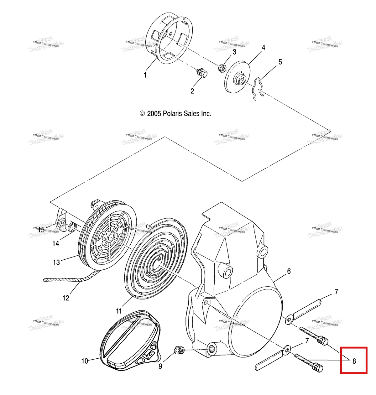 Деталь 3083382 (Болт шайба в сборе Polaris Widetrak LX (2006) (3083382)) на схеме узла Engine, Recoil Starter