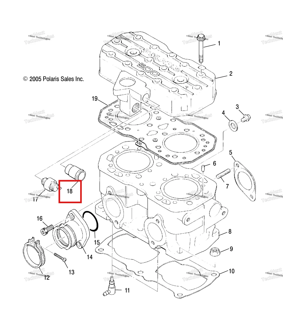 Деталь 3083452 (Труба водяной Polaris Widetrak LX (2006) (3083452)) на схеме узла Engine, Cylinder