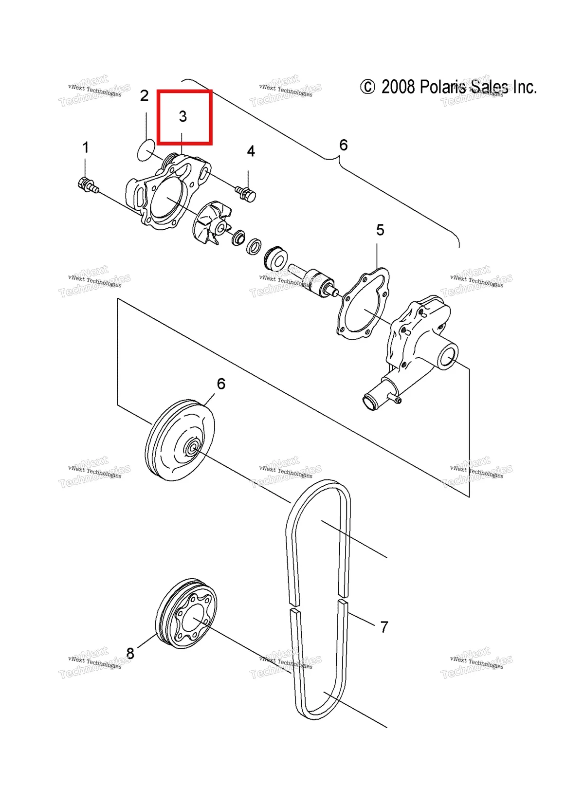 Деталь 3083683 (CASING насос 2 Polaris Widetrak LX (2006) (3083683)) на схеме узла Engine, Water Pump