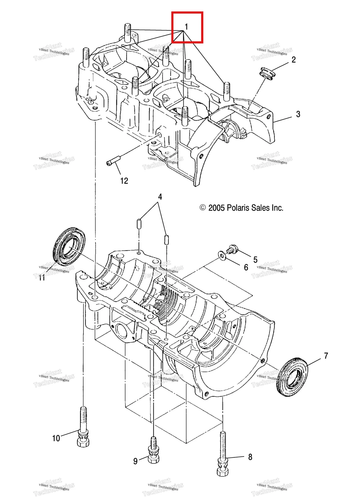 Деталь 3084119 (Шпилька Polaris Widetrak LX (2006) (3084119)) на схеме узла Engine, Crankcase