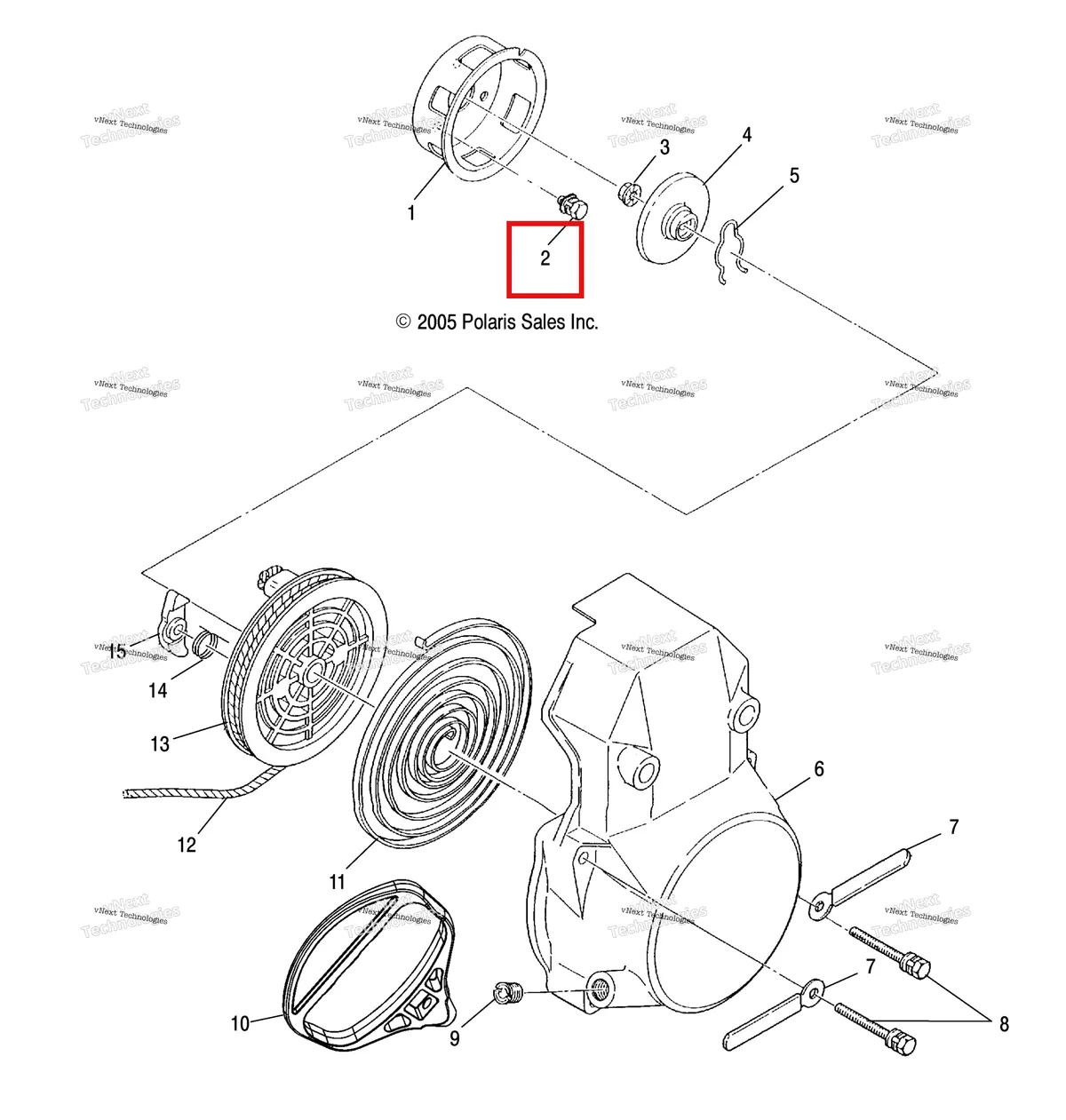 Деталь 3084224 (Болт шайба в сборе Polaris Widetrak LX (2006) (3084224)) на схеме узла Engine, Recoil Starter