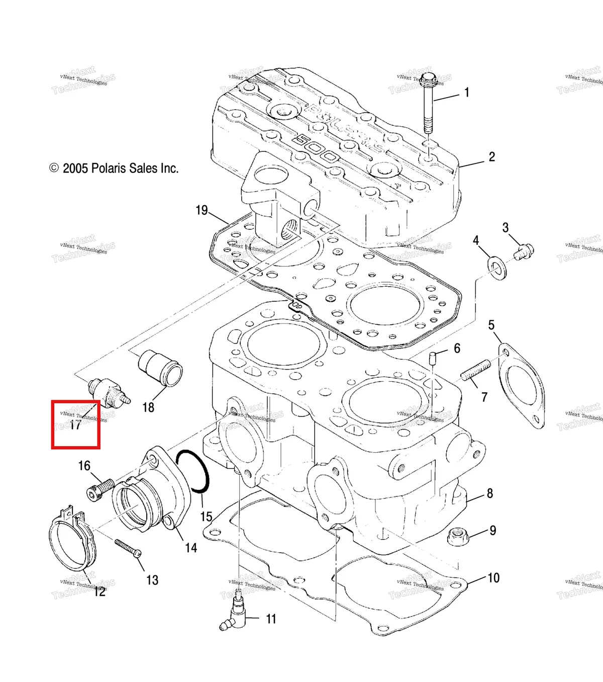 Деталь 3084284 (Выключатель THERMAL 105 Degree C Polaris Widetrak LX (2006) (3084284)) на схеме узла Engine, Cylinder