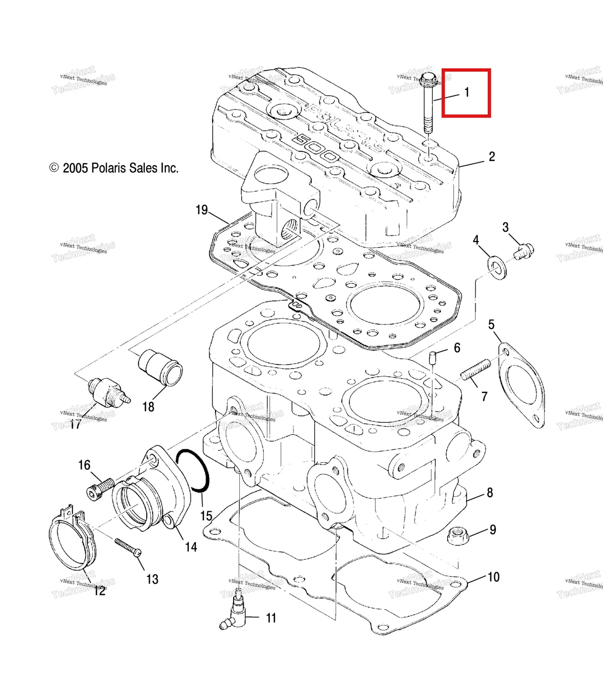 Деталь 3085582 (Болт фланец Polaris Widetrak LX (2006) (3085582)) на схеме узла Engine, Cylinder