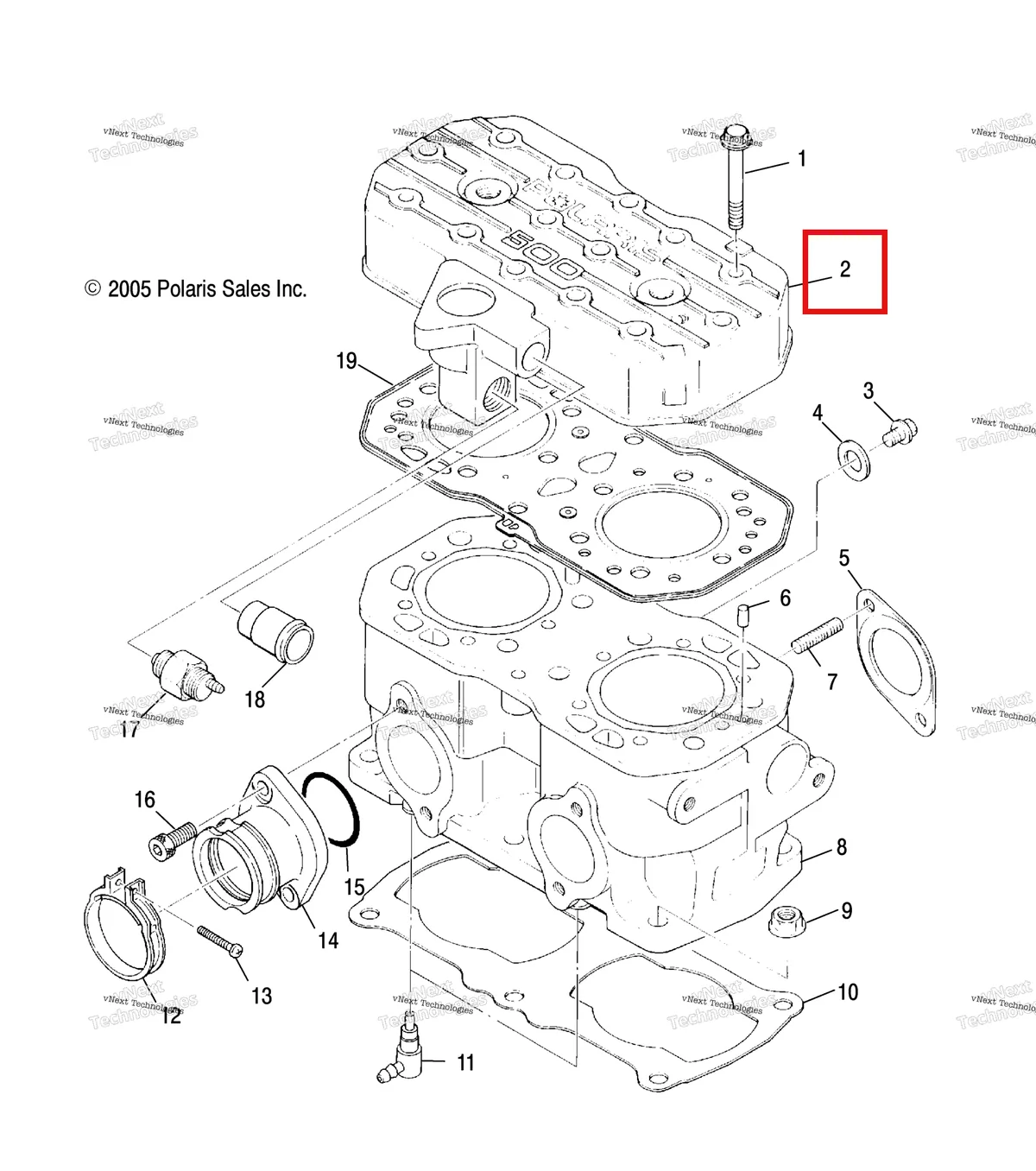 Деталь 3085584 (Головка цилиндр включает 18 Polaris Widetrak LX (2006) (3085584)) на схеме узла Engine, Cylinder