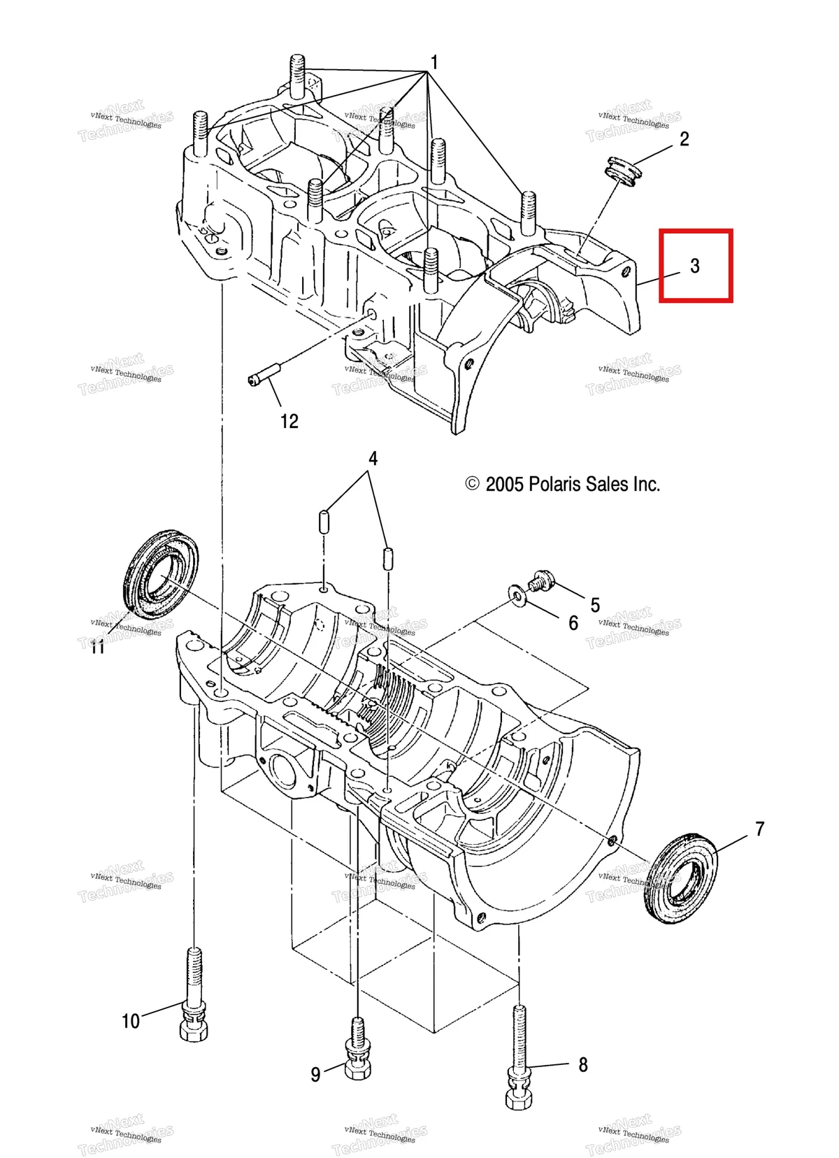 Деталь 3086832 (Картер двигателя в сборе включает 1,4 8 10,12 Polaris Widetrak LX (2006) (3086832)) на схеме узла Engine, Crankcase