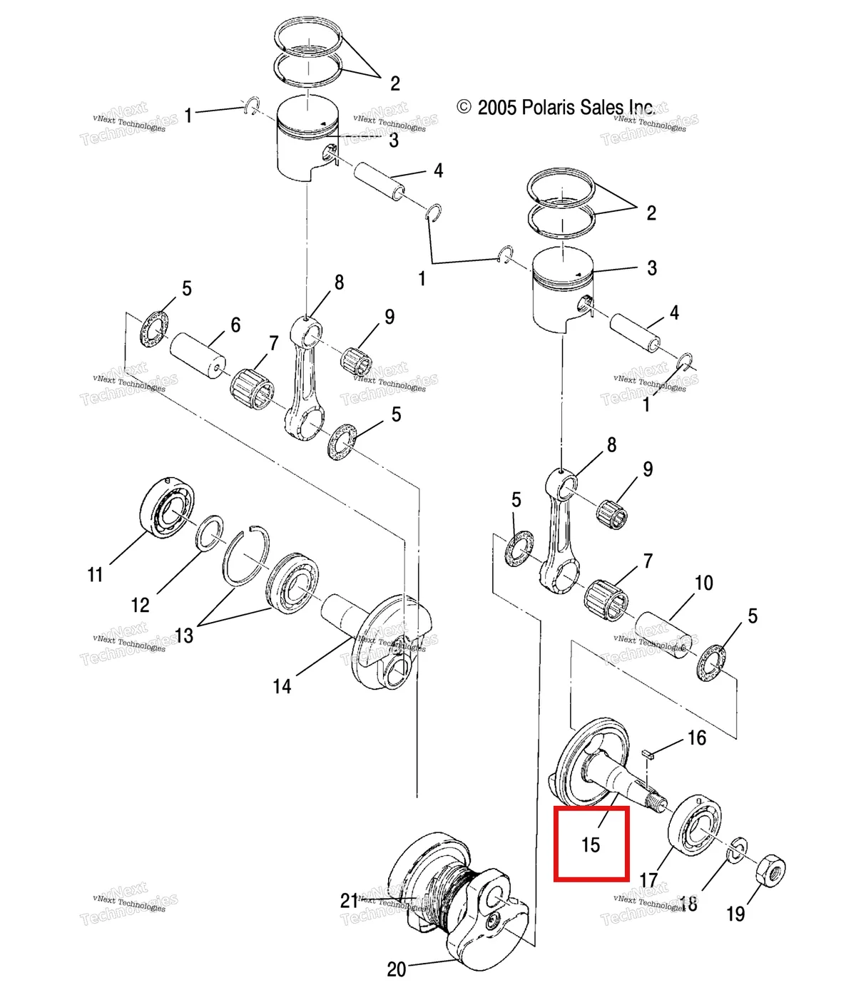 Деталь 3086835 (Коленвал 1, магнето боковой Polaris Widetrak LX (2006) (3086835)) на схеме узла Engine, Piston & Crankshaft