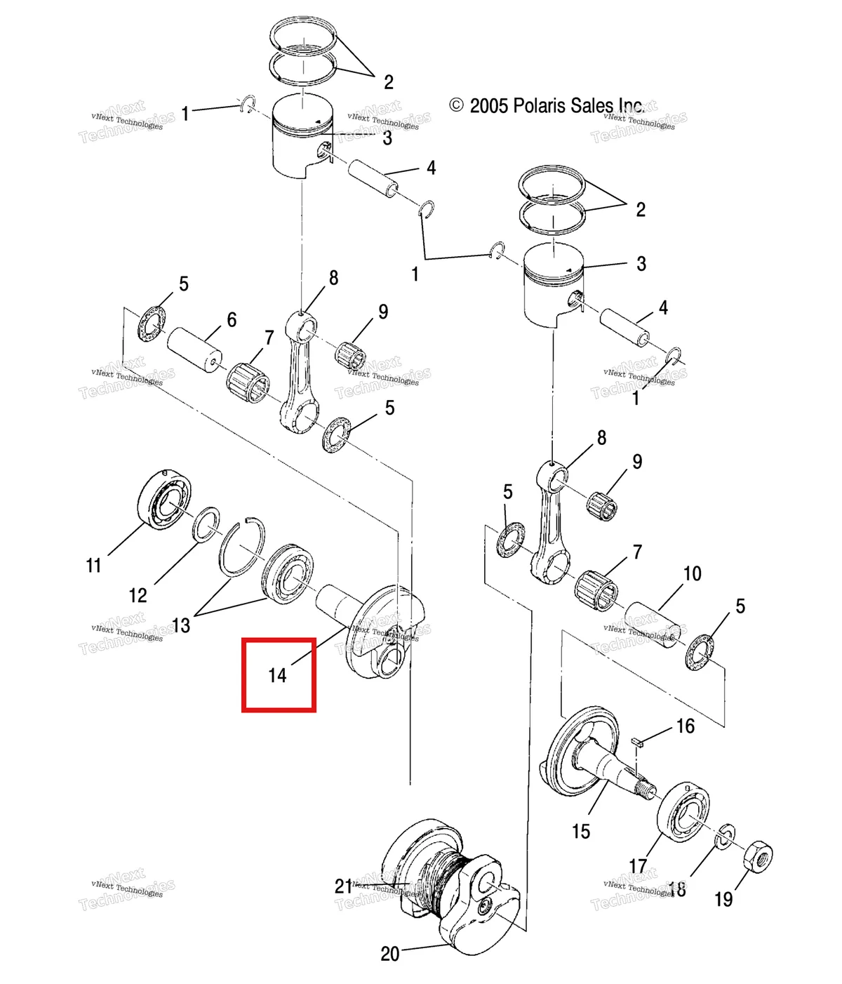 Деталь 3089531 (Коленвал 3, PTO Polaris Widetrak LX (2006) (3089531)) на схеме узла Engine, Piston & Crankshaft