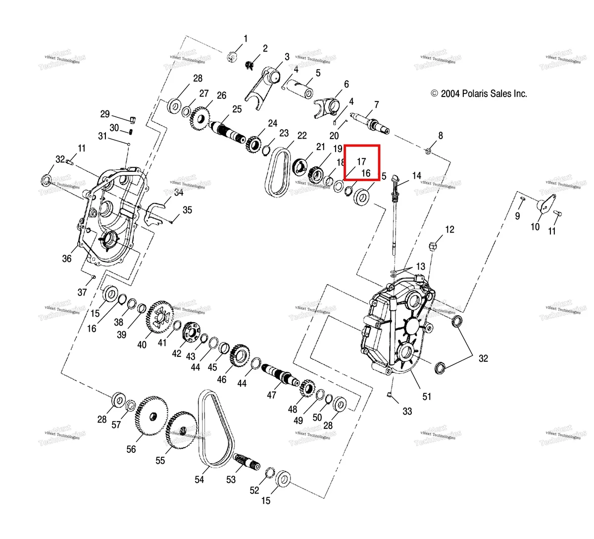 Деталь 3233468 (Шайба упорный Polaris Widetrak LX (2006) (3233468)) на схеме узла Gearcase /Be