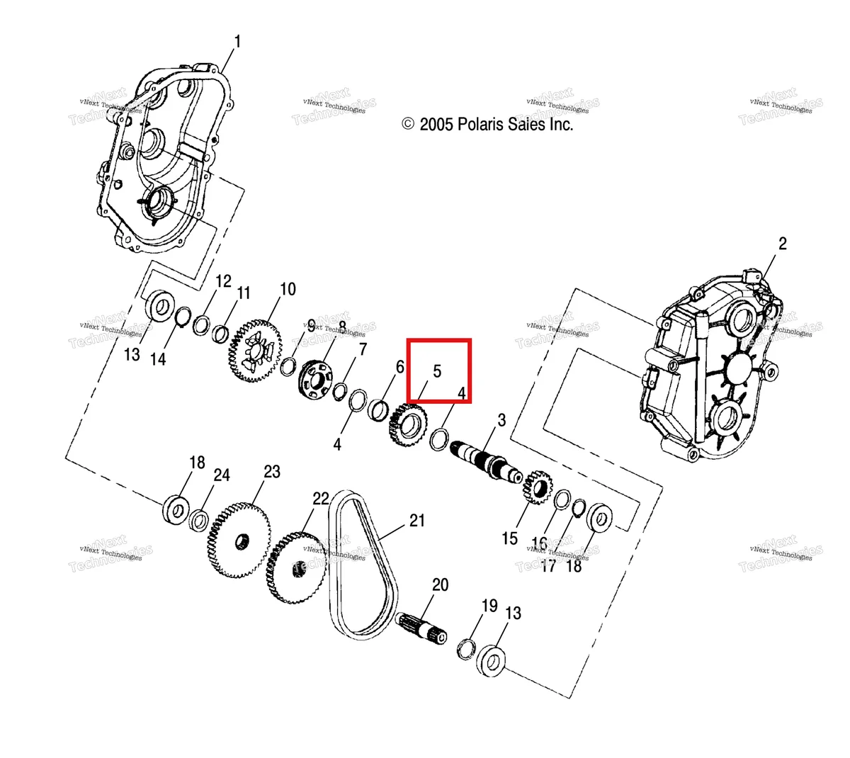 Деталь 3233513 (Звёздочка 25 зуб Polaris Widetrak LX (2006) (3233513)) на схеме узла Drive Train, Gearcase (4997559755B10)