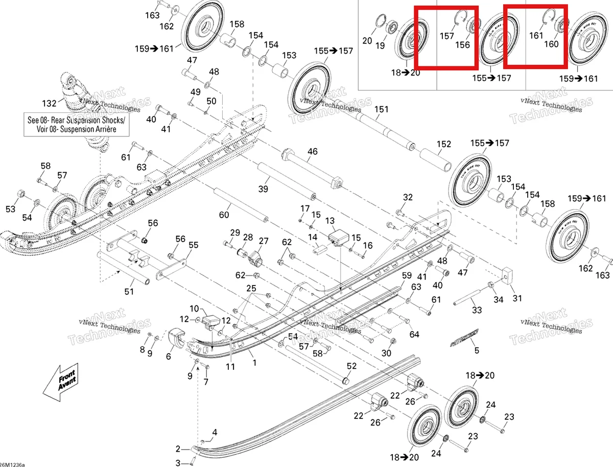 Деталь 371901700 (Пружинное стопорное кольцо) на схеме узла 2012 Ski-Doo MX Z X 600RS Rear Suspension Runner