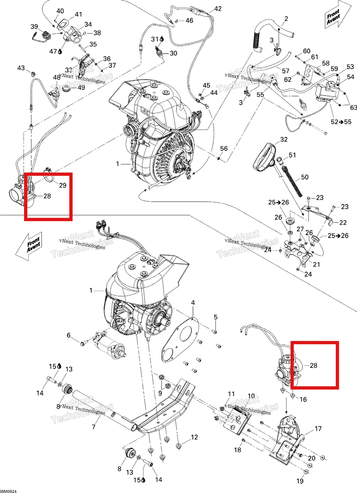 Деталь 403138768 (Деталь Carburetor Vm 34-618. Includes 1 To 35) на схеме узла 2009 Ski-Doo Skandic Tundra Engine And Engine Support