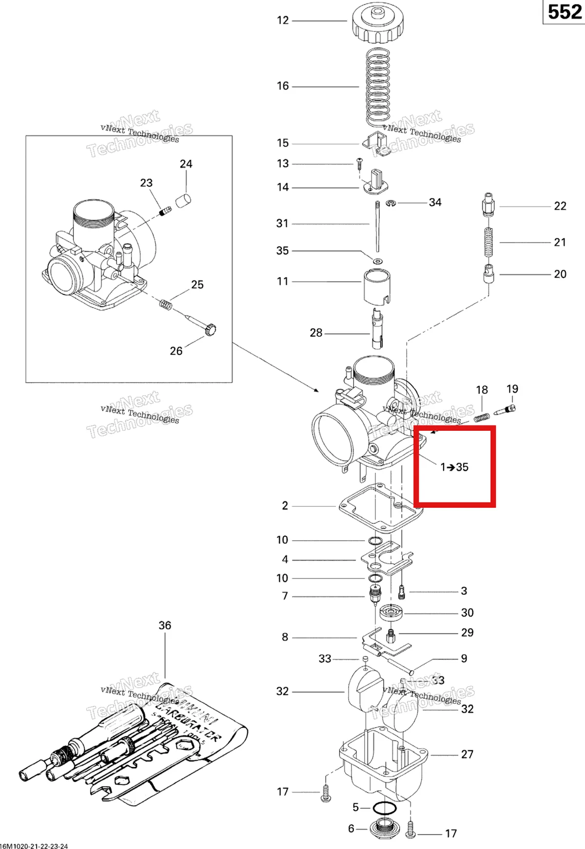 Деталь 403138801 (Деталь Carburetor Vm30-216, Mag. Mag Side, Includes 1 To 35) на схеме узла 2010 Ski-Doo Skandic Tundra, STD, SPORT, LT Carburetor
