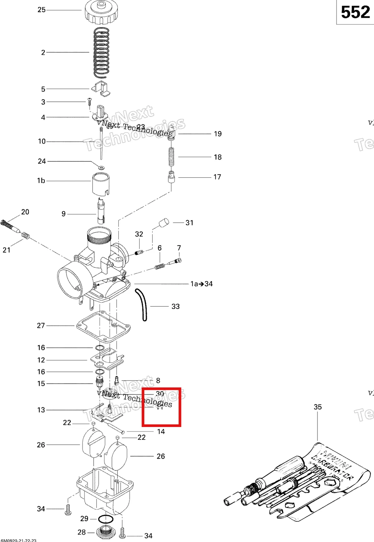 Деталь 404100600 (Деталь Main Jet 260) на схеме узла 2009 Ski-Doo GSX Fan Carburetor