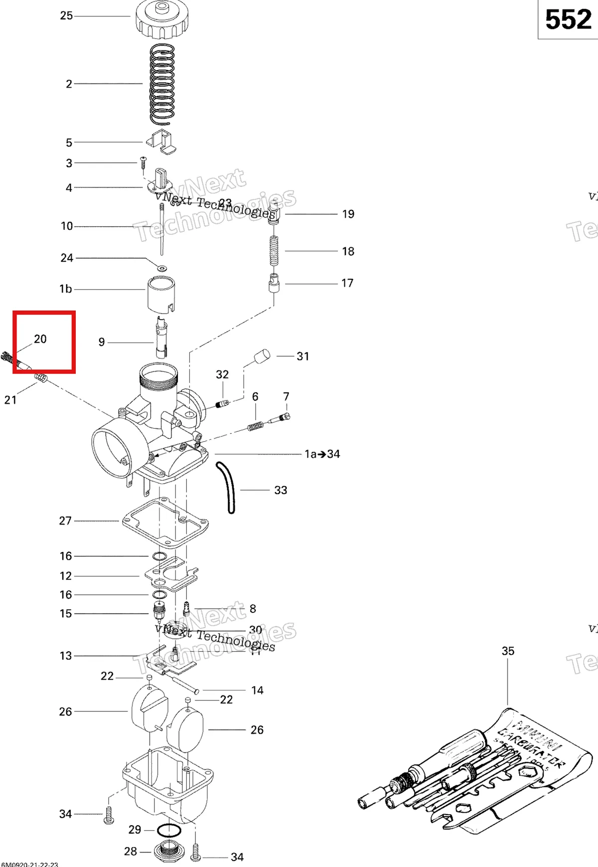 Деталь 404125200 (Деталь Throttle Stop Screw. St 550) на схеме узла 2009 Ski-Doo GSX Fan Carburetor