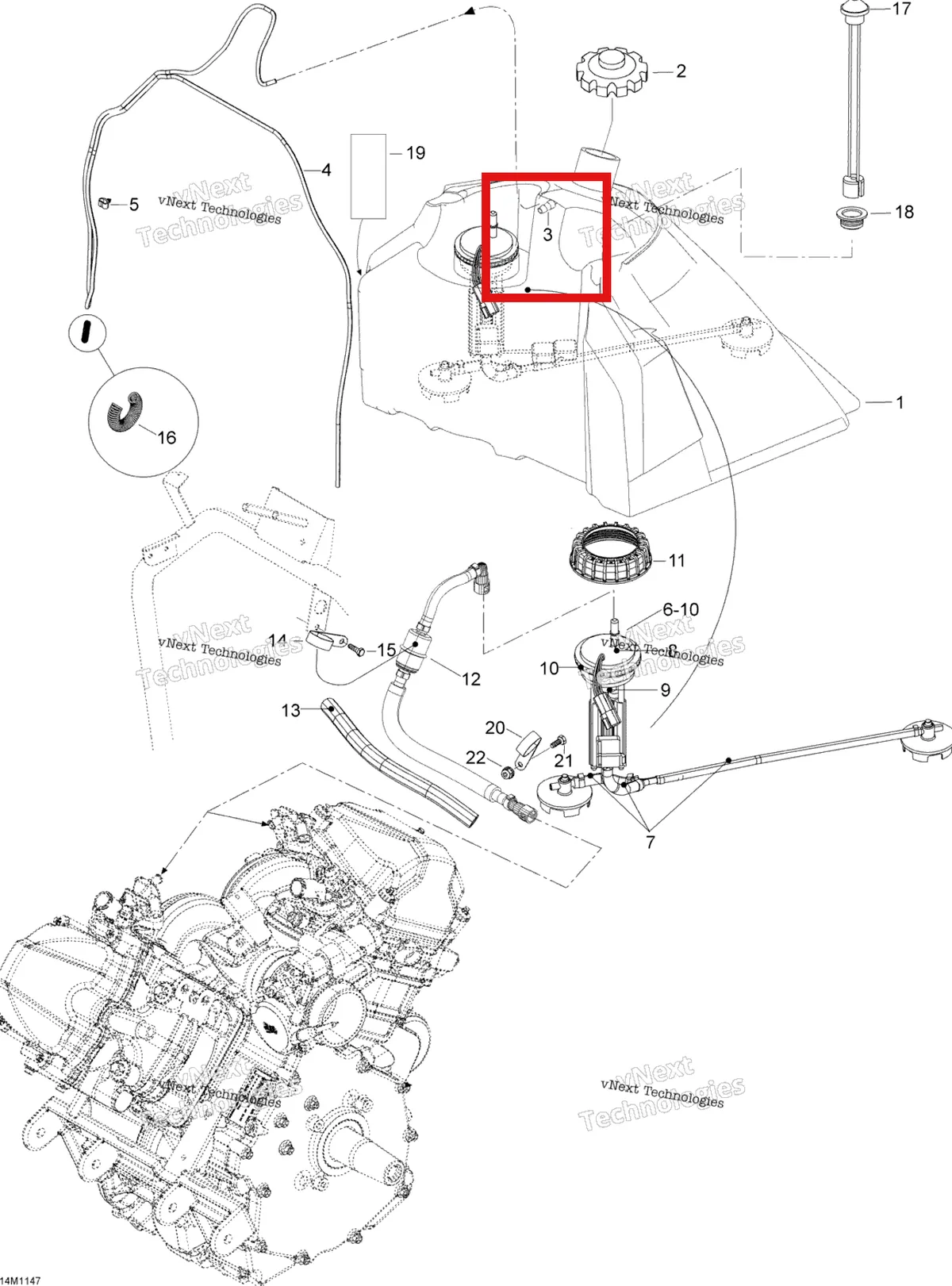 Деталь 404127600 (Штуцер) на схеме узла 2012 Ski-Doo Skandic SWT V800 YetiII Fuel System