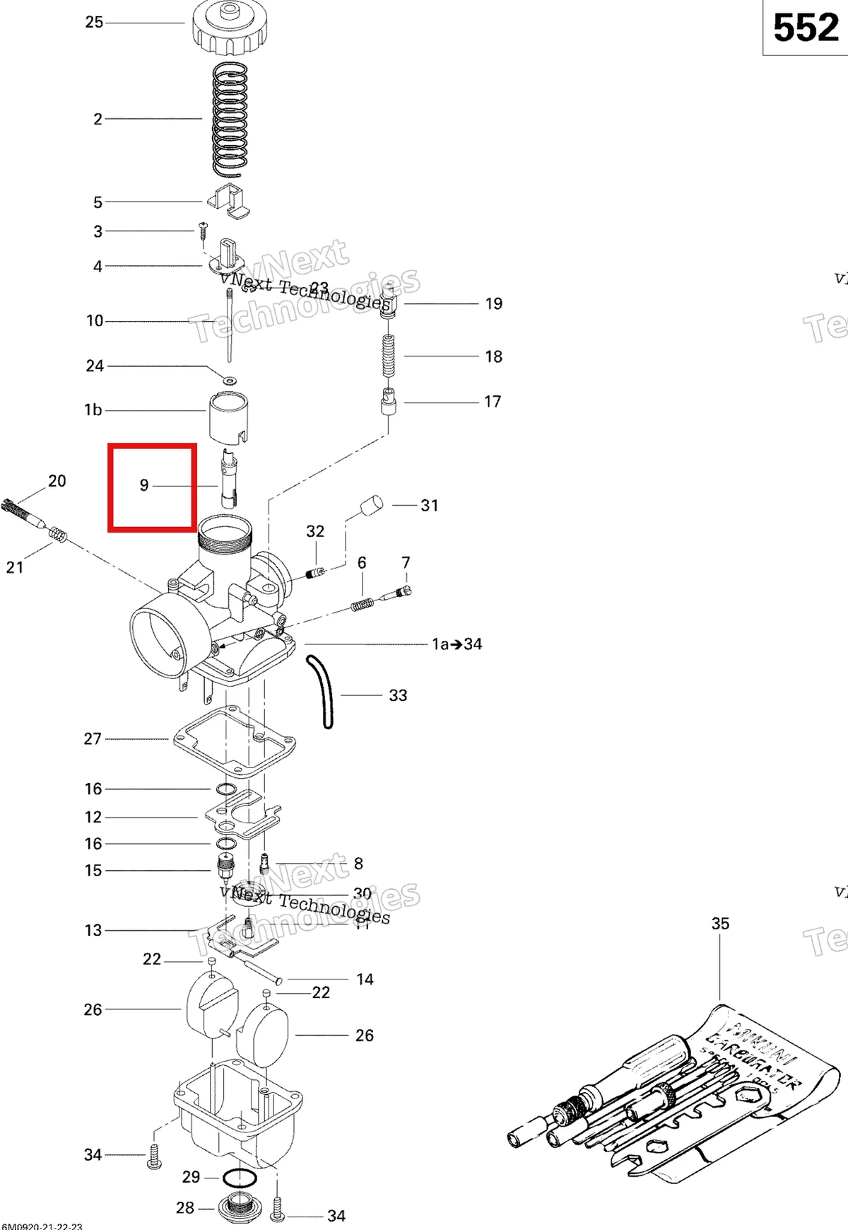 Деталь 404162072 (Деталь Needle Jet 159p-7) на схеме узла 2009 Ski-Doo GSX Fan Carburetor
