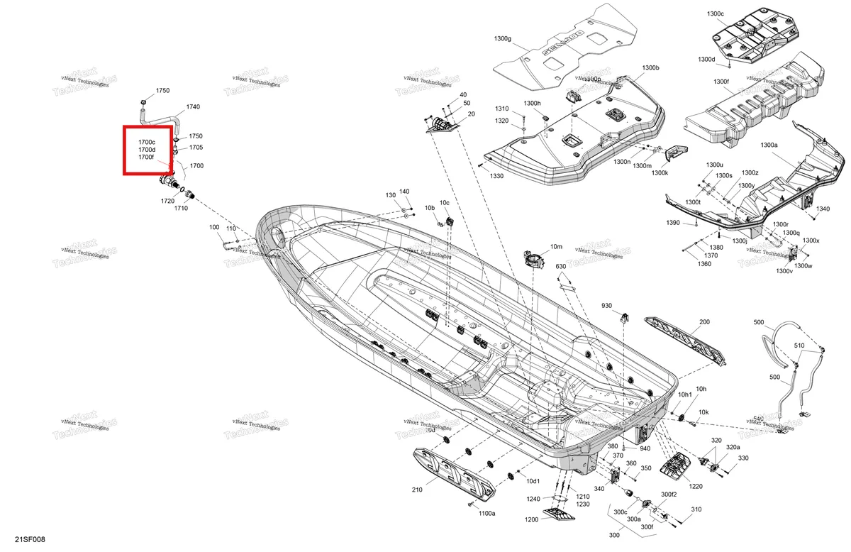 Деталь 409004300 (фишки) на схеме узла 2026 Sea-Doo FISH PRO TROPHY - 170 - 19TB - Flint Grey - Audio Body - Hull
