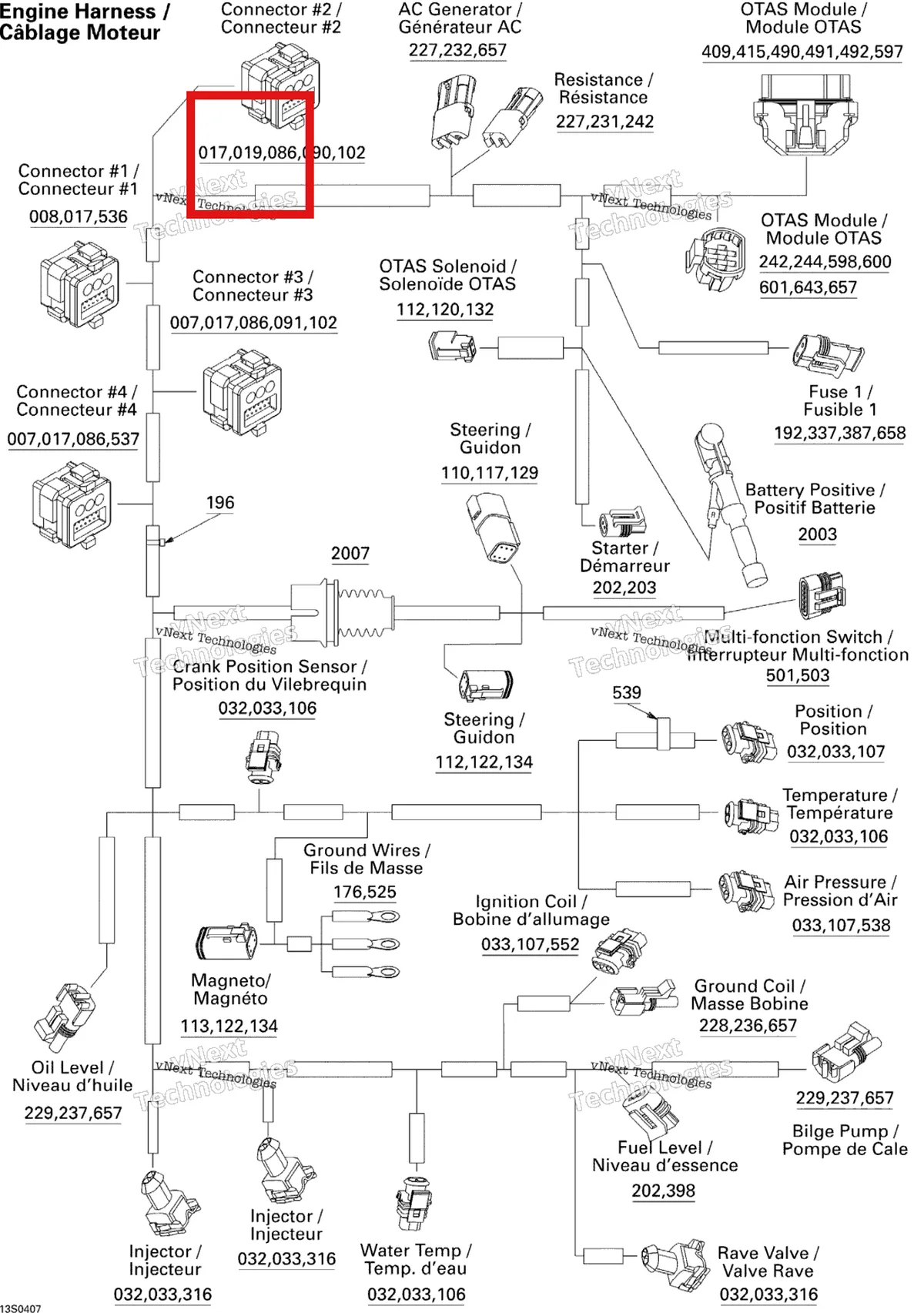 Деталь 409013900 на схеме узла 2004 Sea-Doo 3D RFI Electrical Harness