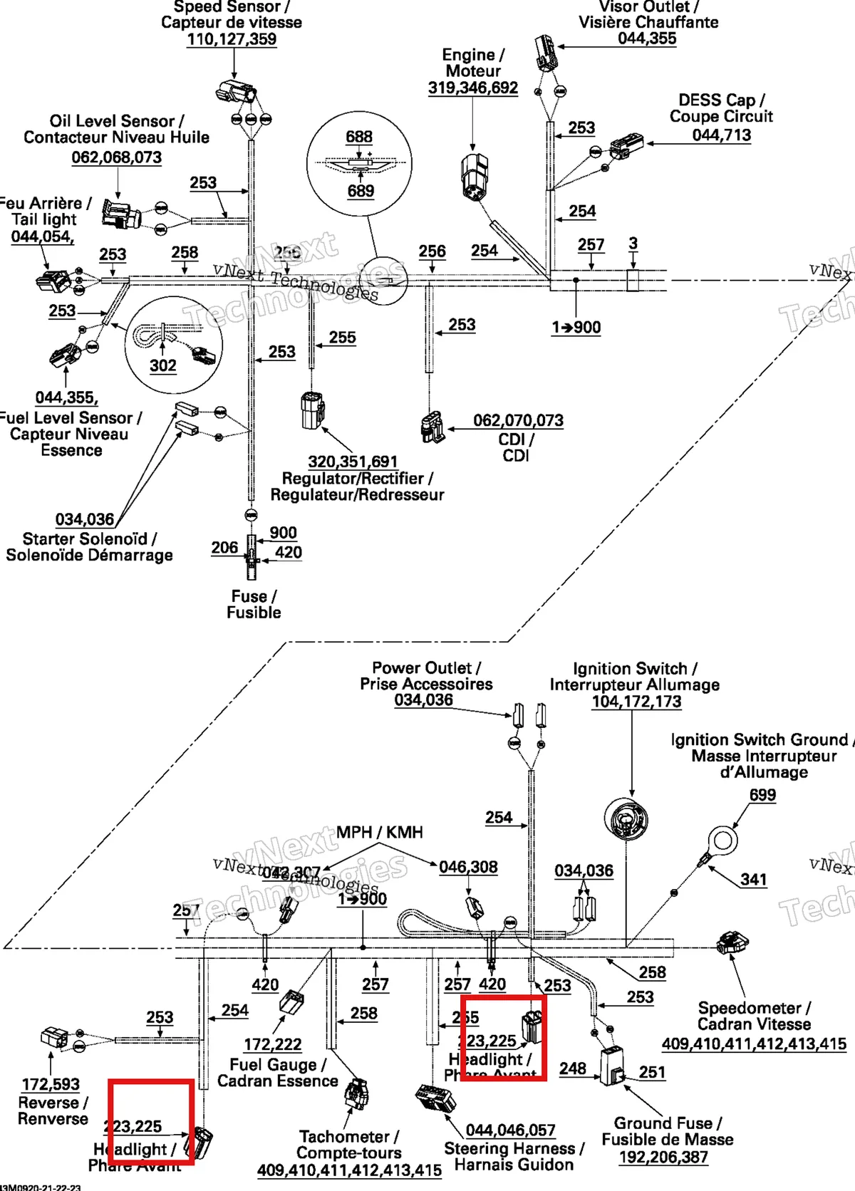 Деталь 409202700 (Деталь Female Terminal Housing, 3 Circuits) на схеме узла 2009 Ski-Doo GSX Fan Electrical Harness