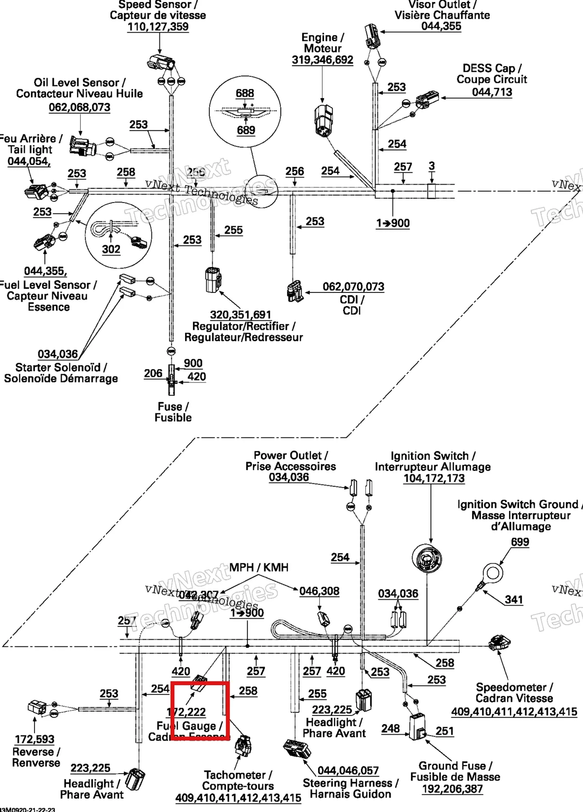 Деталь 409204300 (Разъем) на схеме узла 2009 Ski-Doo GSX Fan Electrical Harness