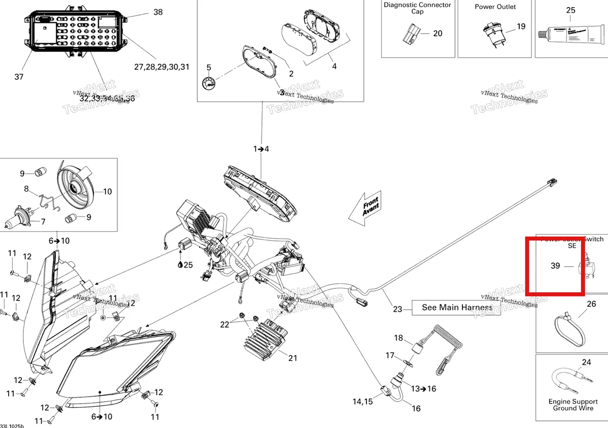 Деталь 410110700 (Деталь Switch. Includes Items 22 Thru 23) на схеме узла 2010 Ski-Doo Expedition TUV SE 1200 REV-XU Electrical System Se