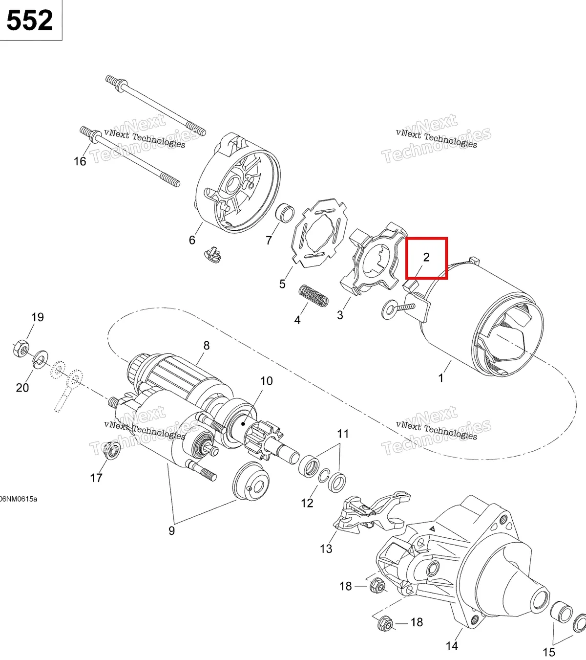 Деталь 410213107 (Щетка) на схеме узла 2006 Ski-Doo Skandic SUV 550F Electric Starter 552