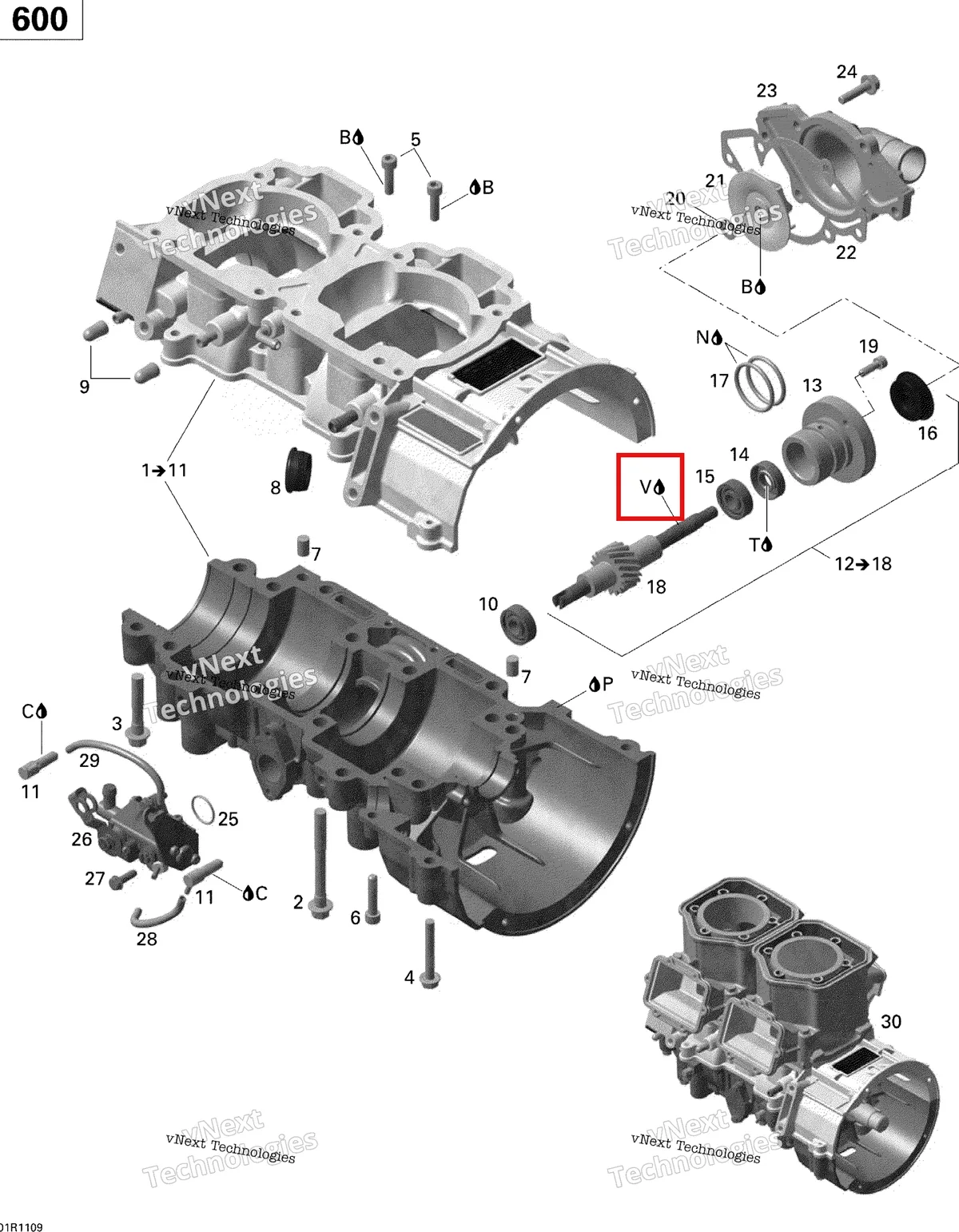 Деталь 413802900 (Деталь Oil) на схеме узла 2011 Ski-Doo Grand Touring Sport 600 XP Crankcase, Water Pump And Oil Pump