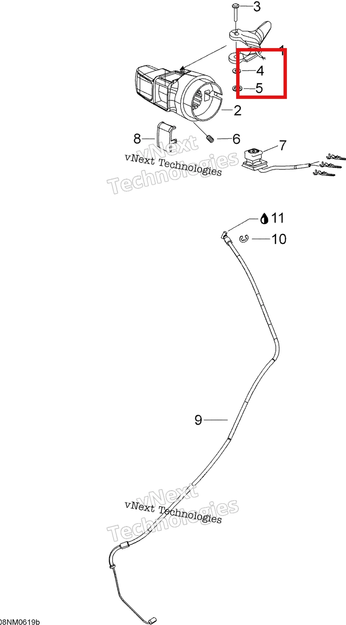 Деталь 414438900 (Шайба) на схеме узла 2006 Ski-Doo Expedition V-1000 Throttle Handle And Housing